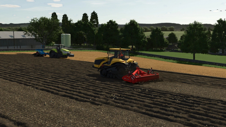 fs25-mods,  Farming Simulator 25 mods: Two tractors working on a field with tillage and planting equipment, part of the Challenger 35E-55E Series v1.0.0.0.