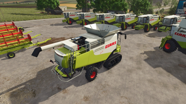 fs25-mods,  Claas Lexion 600 Series in Farming Simulator 25 with multiple green harvesters and equipment displayed outdoors.
