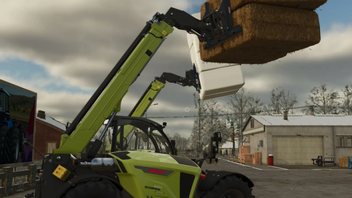 fs25-mods, Claas Scorpion 1052 Edition 24h Le Mans v1.0.0.0 forklift mod in Farming Simulator 25 lifting a hay bale.