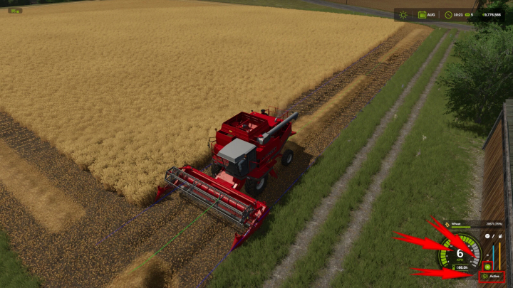 fs25-mods,  Farming Simulator 25 mod: Combine harvester working in a wheat field with steering assist active, showing game HUD and active status.