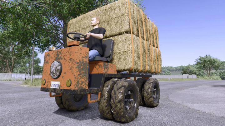 fs25-mods,  Farming Simulator 25 mod: electric utility car with hay bales on a dirt road, showcasing the FS25 mods realism.