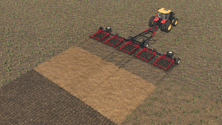 fs25-mods,  Farming Simulator 25 mod: a tractor attached to a large cultivator working on a field.
