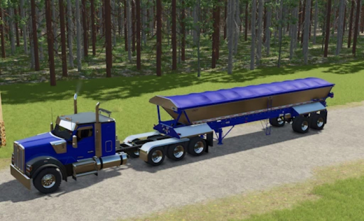 fs25-mods, Farming Simulator 25 mod: Etnyre Live bottom trailer v1.0.0.0 hauling bulk material, detailed blue truck and trailer in a forest setting.