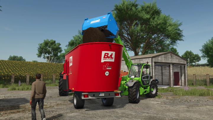 fs25-mods,  Farming Simulator 25 mod: A green Merlo telehandler attaching a red BL mixer tank for farming tasks with a blue Shark attachment.