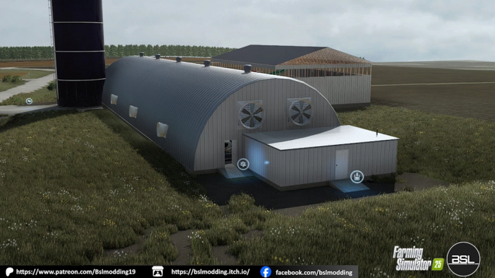 fs25-mods,  Farming Simulator 25 mod: FS25 165x42 Dome tie stall farm building with ventilation fans and storage area.