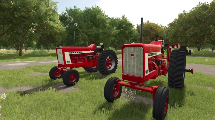 fs25-mods,  Farming Simulator 25 mods featuring two FS25 International 656 tractors in a grassy field with trees in the background.