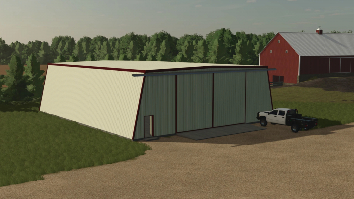 fs25-mods, FS25 Metal Shop Butler mod building with a pickup truck, part of Farming Simulator 25 mods, on a farm setting.