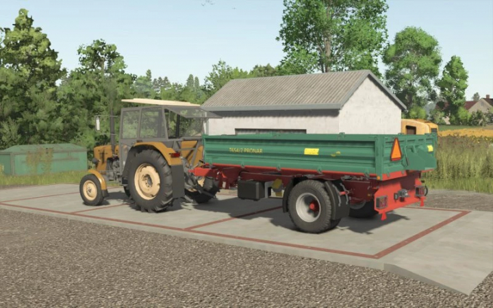 fs25-mods, Farming Simulator 25 mod image showcasing the FS25 Pronar654/2 trailer attached to a tractor in a rural setting.
