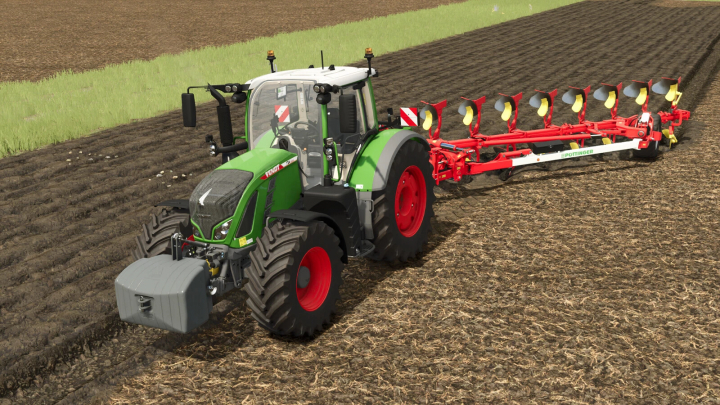 fs25-mods,  Farming Simulator 25 mod: green tractor pulling a red plow on farmland, realistic farming setup with detailed soil textures.