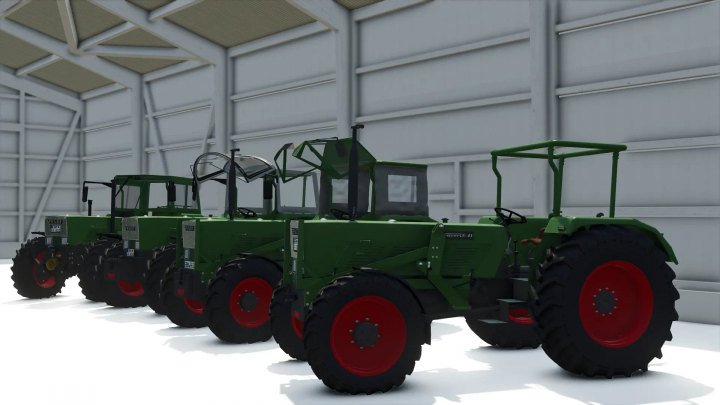 fs25-mods,  Farming Simulator 25 mods: Green Fendt Favorit SA Series tractors with red wheels stored in a metal shed, showcasing FS25 mods.