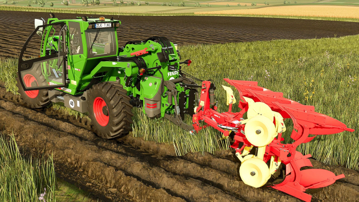 fs25-mods,  Fendt/Sennebogen Telehandler in Farming Simulator 25 modifying a field with red and yellow farming equipment, part of FS25 mods.
