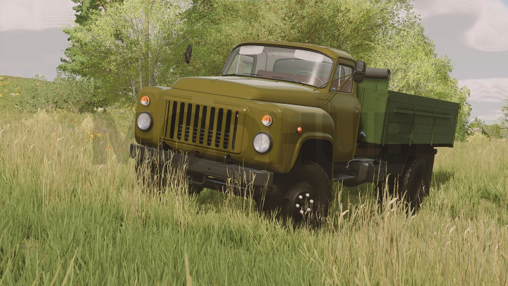 fs22-mods,  Farming Simulator 22 mod: Military-style green GAZ-52/53 truck in a grassy field.