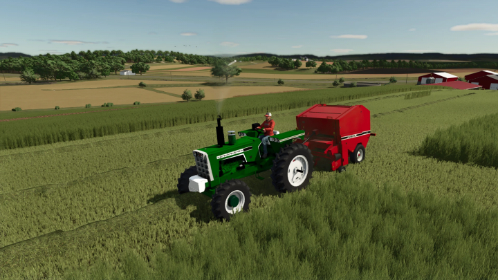 fs25-mods,  FS25 mod: Gehl 1310 Round Baler attached to a tractor in Farming Simulator 25, baling grass on a farm field.