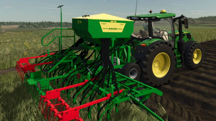 fs25-mods, Farming Simulator 25 mods: Gil Airsem 6000 Series v1.0.0.0, green and red agricultural seeder attached to a tractor on a farm field.
