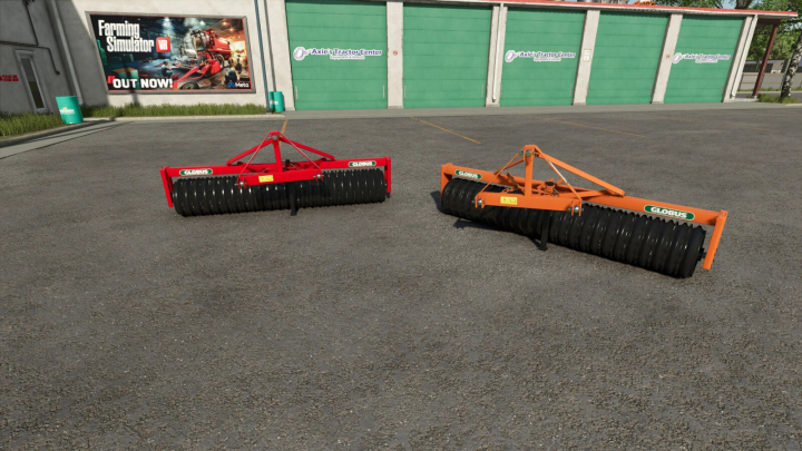fs25-mods, Farming Simulator 25 mods: Globet GRS 300 soil roller in red and orange colors displayed outside Axle's Tractor Center.