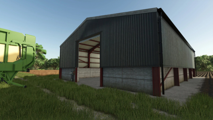 fs25-mods,  Farming Simulator 25 mod: Grain Shed Packs v1.0.0.0, a large metal grain storage building with a wide open door, ideal for FS25 mods.