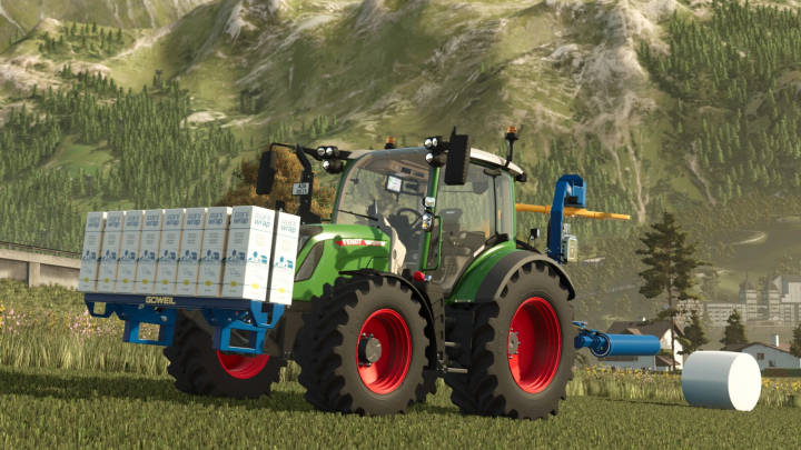 fs25-mods, Farming Simulator 25 mod: Green tractor with mounted spraying equipment, transporting Rani Wrap products on a grassy field mountain background.
