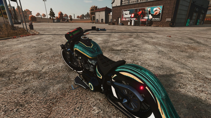 fs25-mods, Farming Simulator 25 mod featuring a custom Harley Softtail motorcycle with a futuristic neon design.