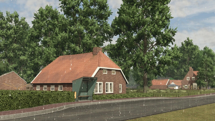 fs25-mods,  Farming Simulator 25 mods: House Prefab Pack v1.0.0.0 on a rural street with trees and a bus stop shelter.