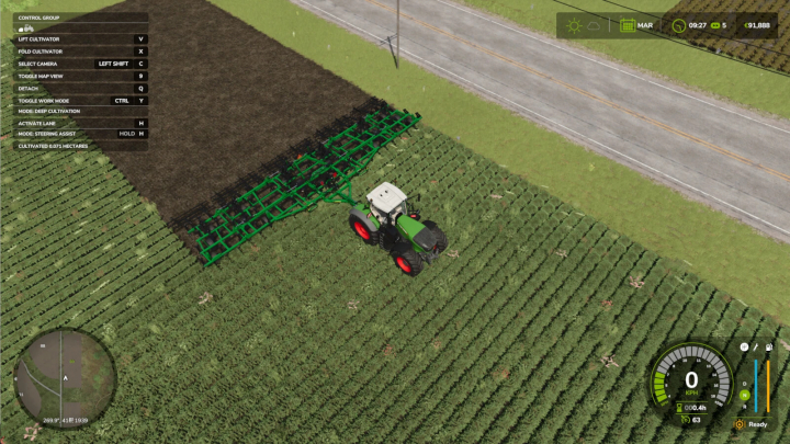 fs25-mods,  Farming Simulator 25 mod: Tractor with green implement for deep cultivation, demonstrating the Implement Usage Counter v1.1.0.0 mod in action.