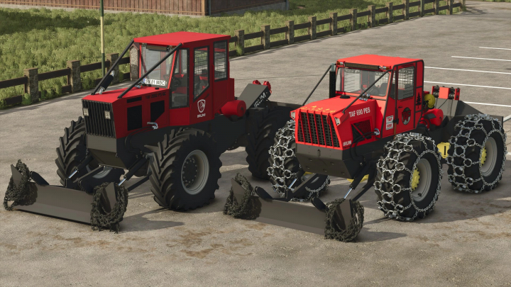 fs25-mods, Two red farming tractors from Farming Simulator 25 mods, equipped with snow chains and blades, parked on a dirt lot.
