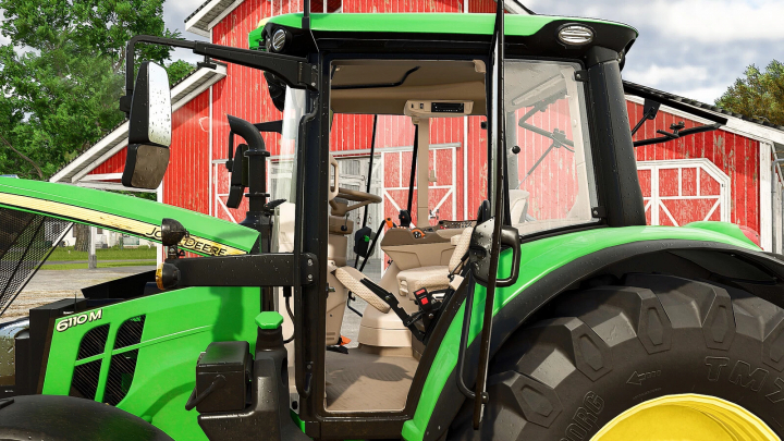 fs25-mods, Farming Simulator 25 mod, John Deere 6M Series tractor interior and exterior, detailed cabin with green and black design, large tires, red barn in background