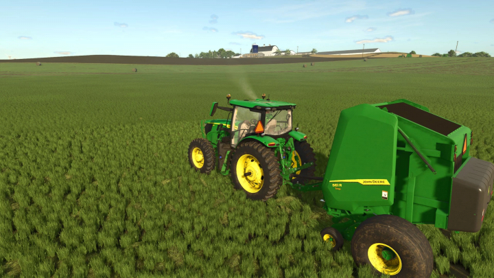 fs25-mods,  Farming Simulator 25 mod: John Deere 6R (145-185) Mid-Sized Frame Utility Tractor working in a green field.