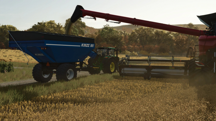 fs25-mods,  Farming Simulator 25: FS25 mods, Kinze Wagon Pack v1.0.0.0, blue grain cart attached to a tractor on a field.
