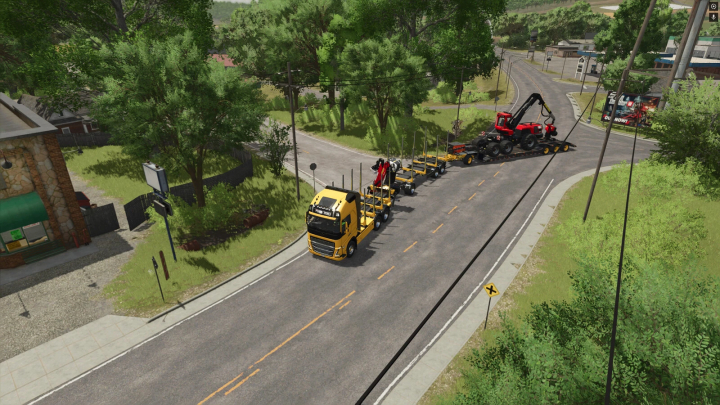 fs25-mods,  Farming Simulator 25 mods: Transporting heavy equipment using a Krampe Dolly 10L v1.0.0.0 mod trailer on a rural road.