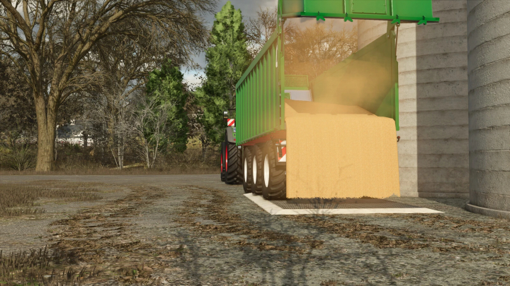 fs25-mods,  Farming Simulator 25 mod showcasing the Kröger TAW 30 grain trailer unloading wheat at a farm silo.