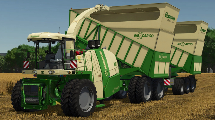 fs25-mods,  FS25 mod: Krone Big X 1100 Cargo with adjustable cargo trailer in a wheat field.