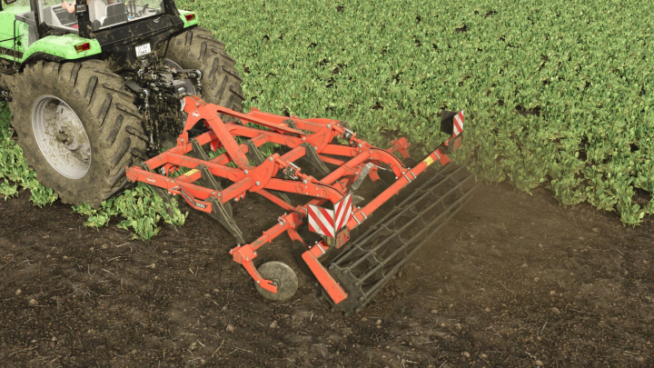 fs25-mods, Farming Simulator 25 mod: Kuhn Cultimer L300 implement attached to tractor in a crop field, preparing soil for planting.