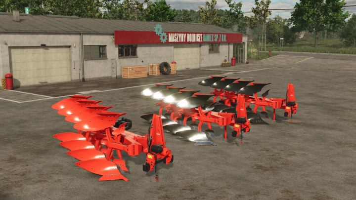 fs25-mods, Farming Simulator 25 mods showing red and black Kuhn Vari-Master 153 plows in a parking lot, with a farm building in the background.