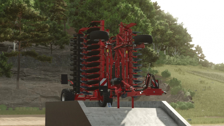 fs25-mods,  Kverneland Qualidisc Rust Edition 1.0.0.0 mod for Farming Simulator 25, a red disc cultivator with multiple disks on a farm terrain.