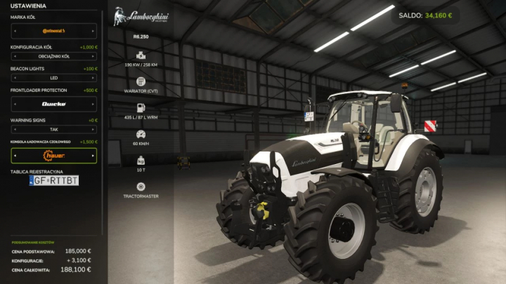 fs25-mods,  Farming Simulator 25 mod screenshot of Lamborghini R6.250 tractor with detailed specifications and in-game balance.