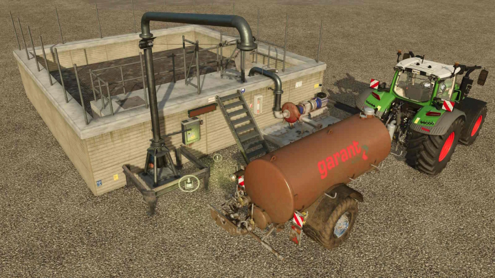fs25-mods, Farming Simulator 25 mod featuring a liquid manure storage tank connected to a tractor for realistic farming operations.
