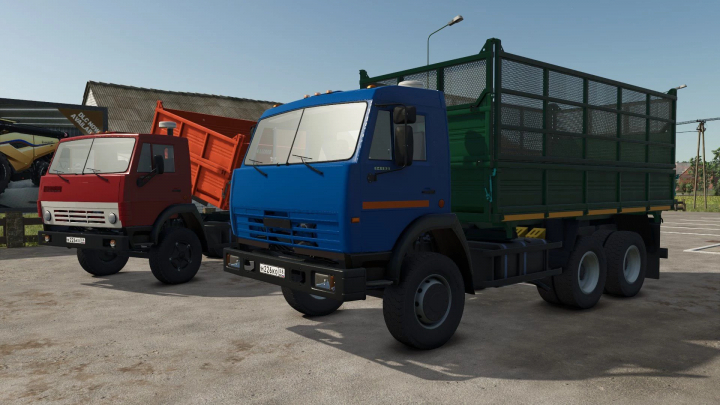 fs25-mods,  Farming Simulator 25 mods: Blue and green Lizard 55102 trucks with cargo beds, showcasing FS25 mods.