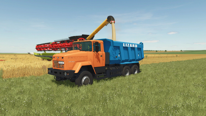fs25-mods, Farming Simulator 25 mod: Lizard 65032 grain transport truck with a grain auger, working in a field during harvest.