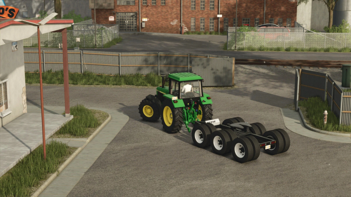 fs25-mods, Farming Simulator 25 mod featuring the Lizard Old Dolly 1993 trailer attached to a green tractor in an urban setting.