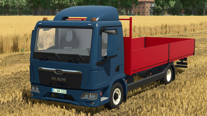 fs25-mods,  Farming Simulator 25 mod: MAN TGL 12.220 truck with red flatbed, parked in a wheat field.
