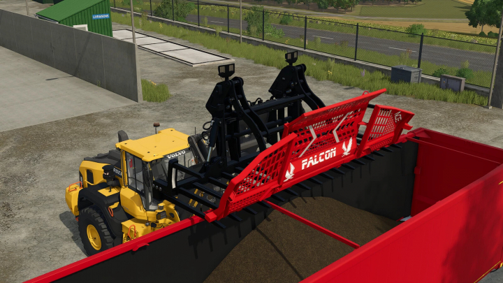 fs25-mods, Farming Simulator 25 mod showing a yellow Volvo loader with Falcon FT16 attachment for unloading materials.