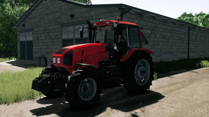 fs25-mods,  Red Belarus tractor in front of a stone farm building in Farming Simulator 25, showcasing a realistic mod for FS25.