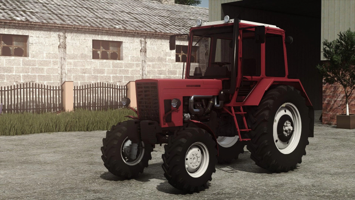 fs25-mods,  Farming Simulator 25 mod: Red MTZ 82UK MB tractor with large rear tires parked outside a farm building.