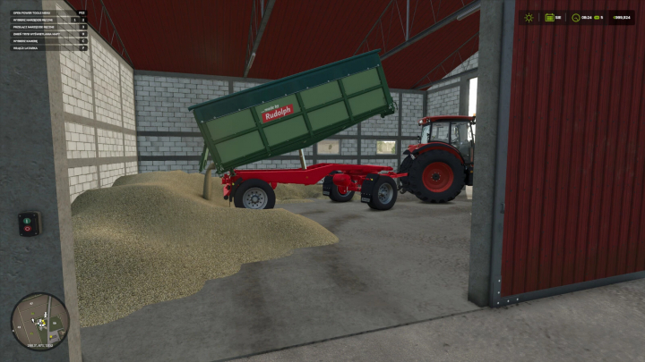 fs25-mods,  Farming Simulator 25 mod: tractor with a tipping trailer unloading grain inside a barn.