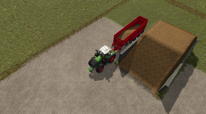 fs25-mods,  Farming Simulator 25 mod showing a tractor unloading harvested crop into a manure heap mod.