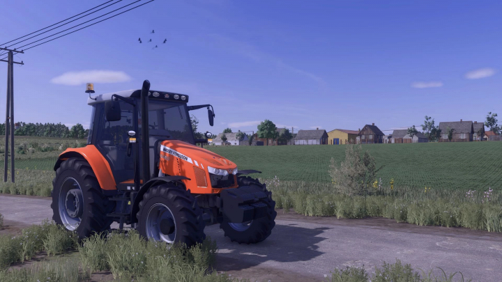 fs25-mods,  Farming Simulator 25 mod: Massey Ferguson 5400 Series tractor on a rural farm road with fields and houses in the background.