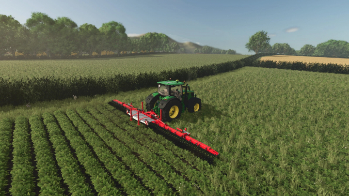 fs25-mods, Farming Simulator 25 mod: Maypole Farm v1.0.0.0, tractor with a red implement working in green fields during sunny weather.