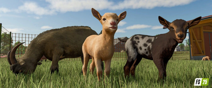 fs25-mods,  Farming Simulator 25 mod showcasing realistic animated farm animals, including a buffalo, a goat, and a dog in a farmyard setting.
