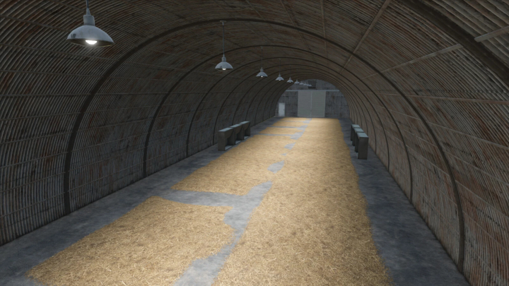 fs25-mods,  Inside the Old Tin Pigsty v1.0.0.0 mod in Farming Simulator 25, showing a spacious, arched wooden pigpen with straw bedding and hanging lights.