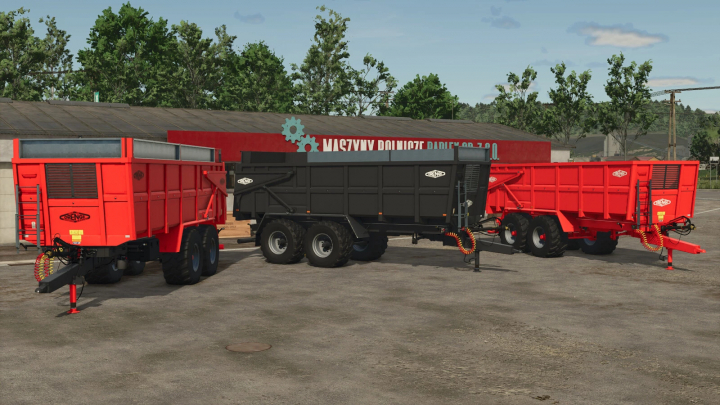 fs25-mods, Farming Simulator 25 mods: Orange ORM 180 v1.0.0.0 trailer attachments are shown on a farm yard.